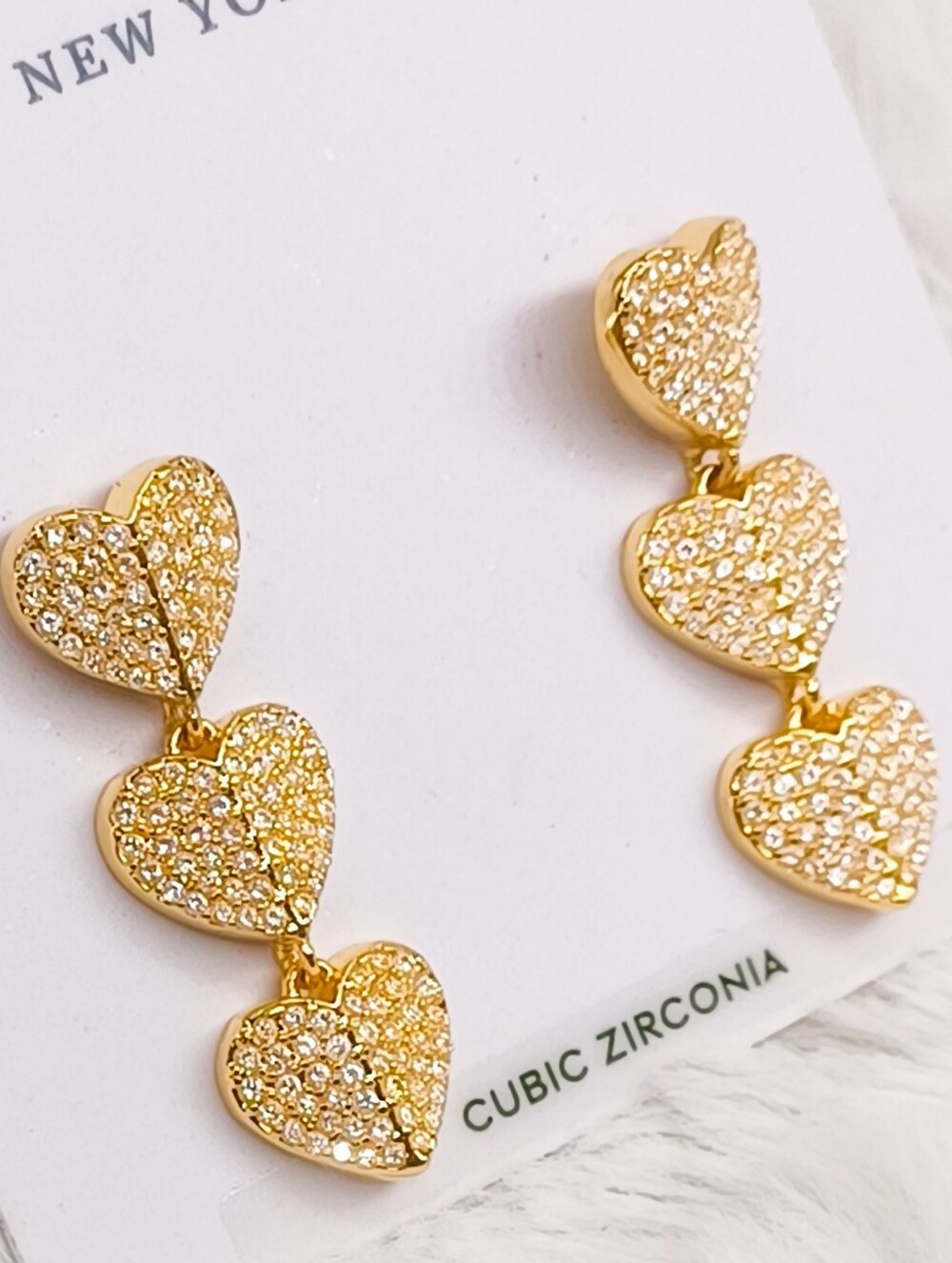 New Kate Spade Gold-Tone Precious Pavé Triple Drop Heart to Heart Linear Earring